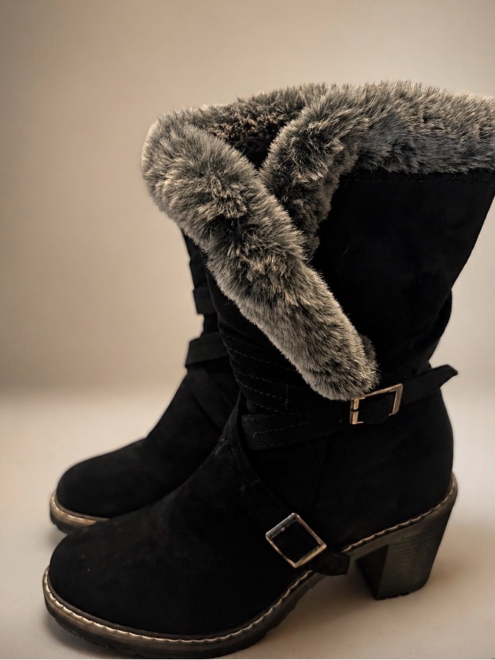 Women’s Black Faux-Fur Trim Mid-Calf Heeled Boots